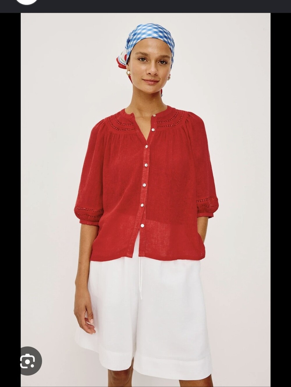 Cynthia Rowley Red Eyelet-Trim Button Down Blouse
